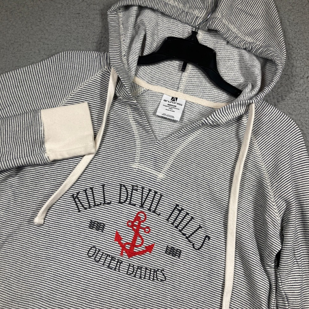 Outer Banks OBX Hoodie Women Medium Blue White Striped Kill Devil Hills Nautical